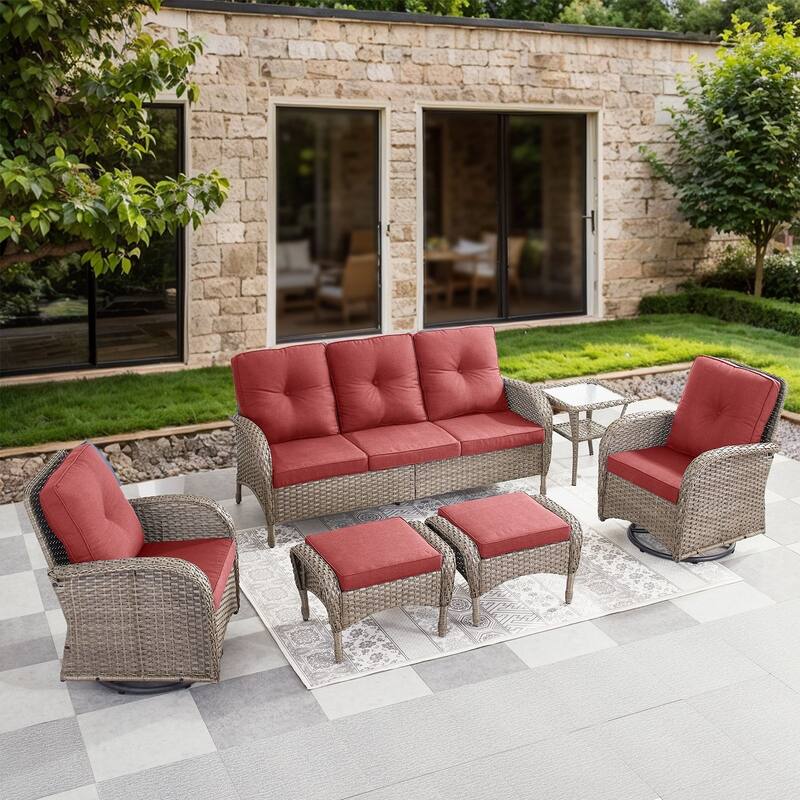 Gymojoy 6-Piece Outdoor Wicker Patio Furniture with 3 Seat Sofa & Swivel Chair, Coversation Set with Water Resistant Cushions - Grey Wicker / Red Cusion - 6-Piece