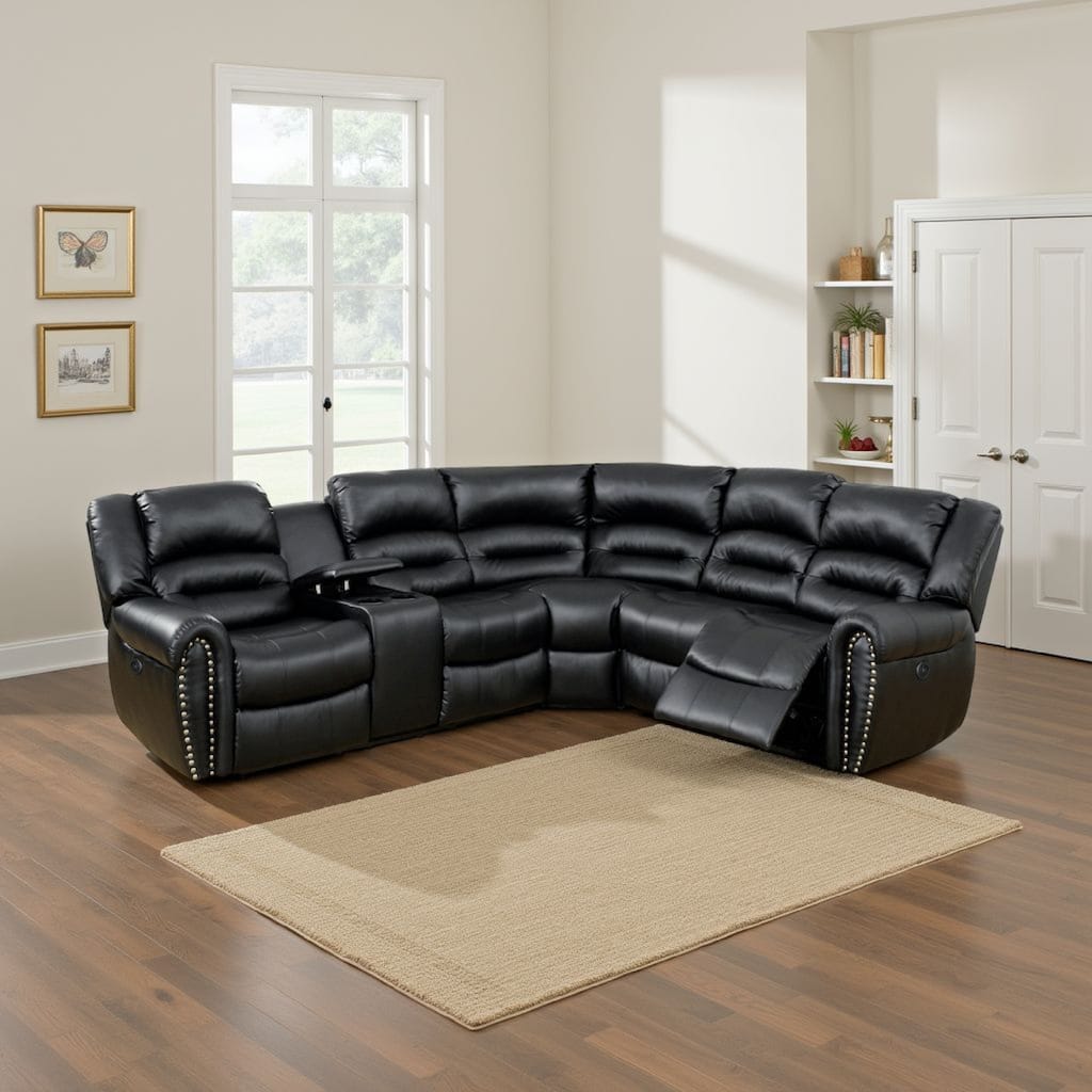 Qox Power Reclining Sectional Sofa Set, USB Port, Bonded Leather, Black