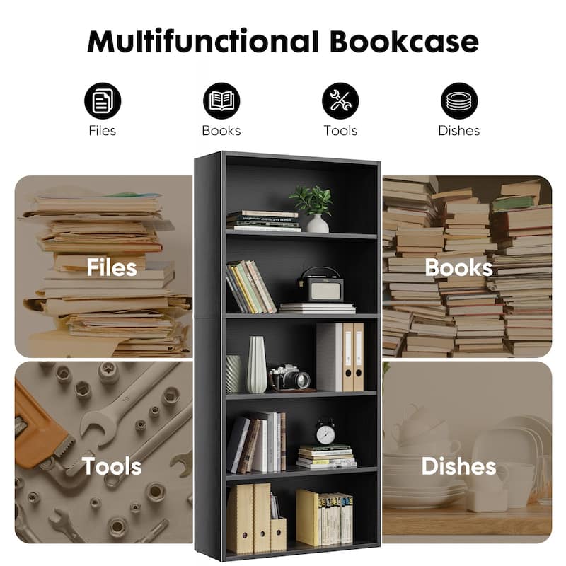 Industrial 5 Shelf Bookcase-Large 53 Inch Tall Floor Standing Open Bookshelf for Home Office, Living Room, and Bedroom Storage