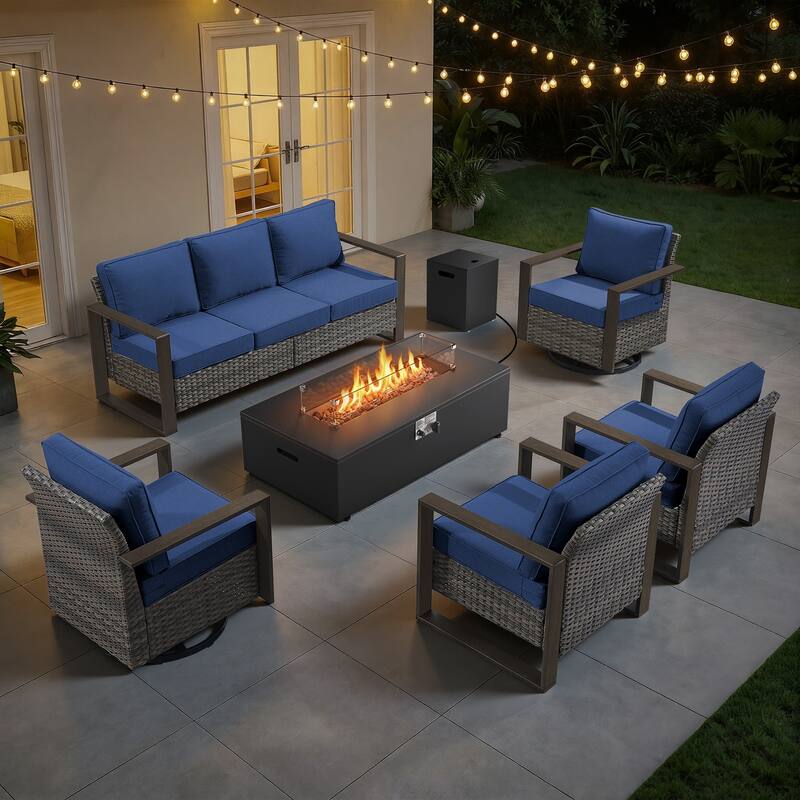 Meyreso Wicker Outdoor Patio Fire Pit Set with Swivel Gliders and 4.5-Inch Olefin Cushions - Gray / Navy Cushions - 6-Piece