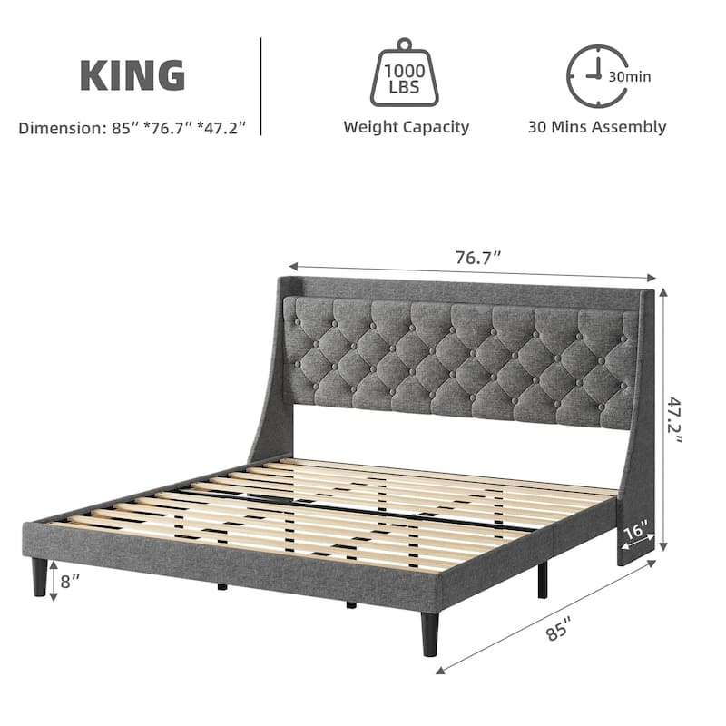 Upholstered Bed Frame with Wingback Headboard