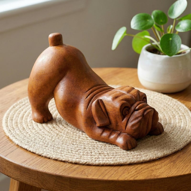 Wooden Hand Carved Crouching English Bulldog Statue Figurine Sculpture Art Decorative Home Decor Accent Handmade Wood Dog