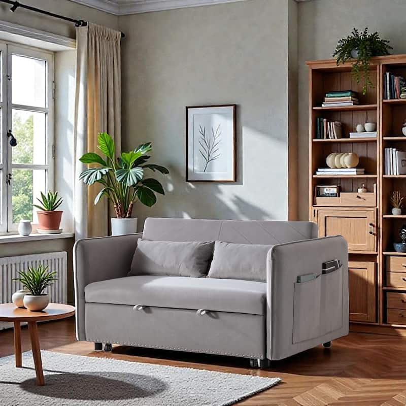 3 in 1 Convertible Sleeper Sofa Bed, Velvet Futon Loveseat with Pull Out Bed, Adjustable Backrest and Side Pockets - Grey