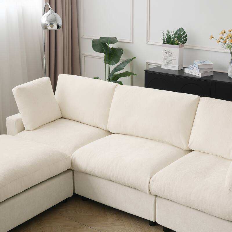 Minimalist U-shaped Upholstered Sofa 4-Seater Chenille Modular Sectional Couch with 2 Ottoman