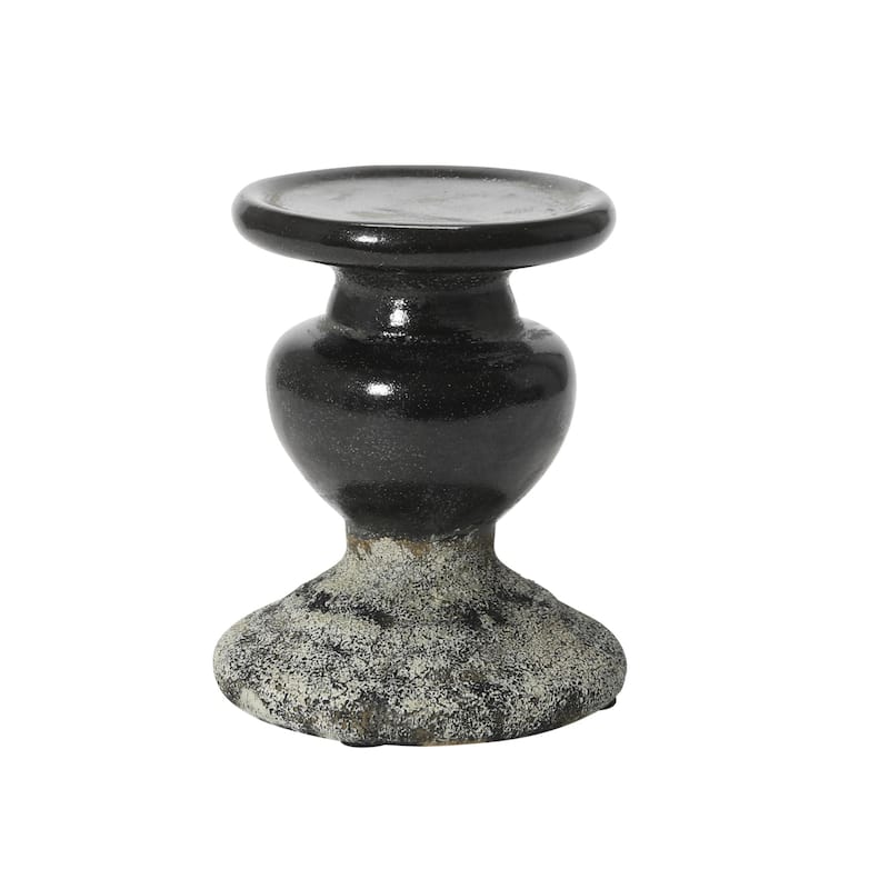 Sculptural Terracotta Pillar Candle Holder - BLK2 - 4.5" W x 5" H - Black II