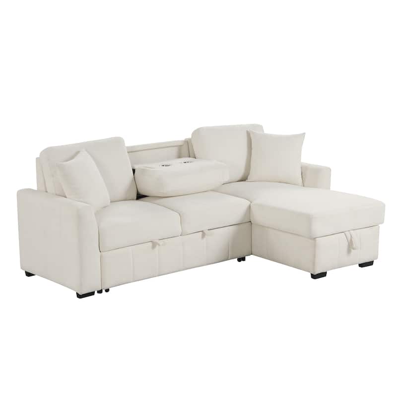 L-Shaped Convertible Sleeper Sectional Sofa with Reversible Storage Chaise and Drop-Down Console with Dual Cup Holders