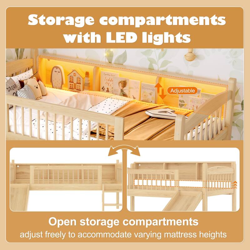 Roomfitters Twin XL Low Loft Bed with Storage Shelves and LED Lights, Solid Wood Frame
