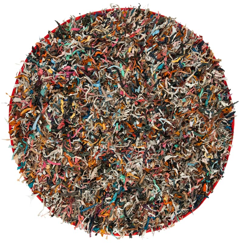 SAFAVIEH Handmade Leather Shag Carlijn Modern Leather Rug - 6' x 6' Round - Multi - Round