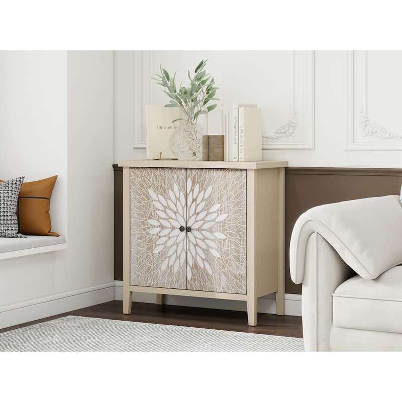 Wood Accent Cabinet with Carved Doors, Classic Storage Cabinet with Adjustable Shelves & Anti-Tip Safety Device