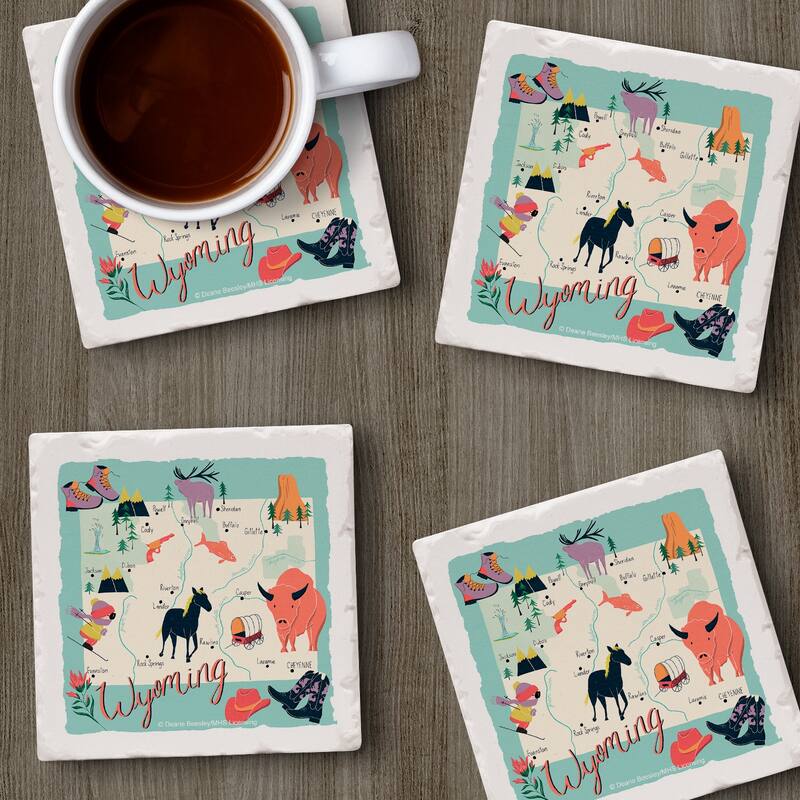 Wyoming 4-Pack Absorbent Stone Coasters with Protective Cork Backing 4" Square Made in The USA Artistic Easily Wipes Clean