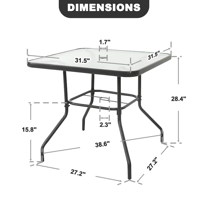 Outdoor Square Metal Dining Table with Tempered Glass Tabletop