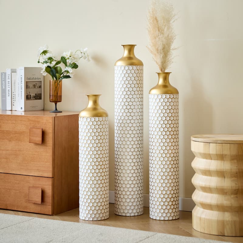Floor metal vase modern style decoration home droplet shaped white metal vase 3-piece set gorgeous large glazed metal vase