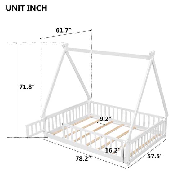 dimension image slide 3 of 5, Full Size Teepee Tent-Shaped Floor Bed with Guardrails and Slats, No Box Spring Required