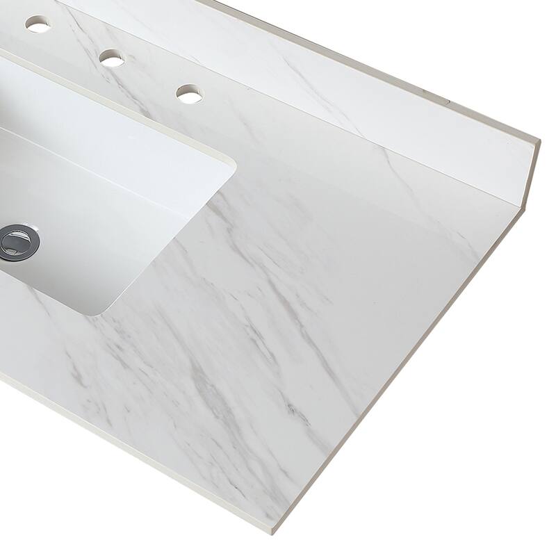 43" Bianco Venato Carrara White Vanity Top with Ceramic Sink, 4" Backsplash, Pre-Drilled Faucet Hole, Sintered Stone Material