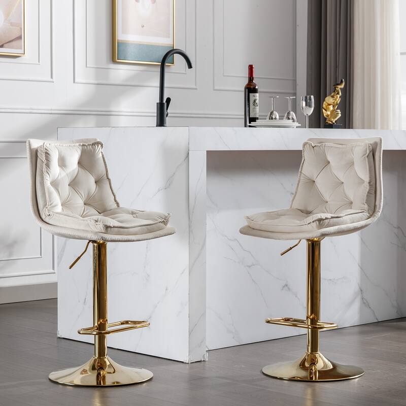 Set of 2 Adjustable Swivel Bar Stools, Cream Velvet with Chrome Footrest & Gold Legs