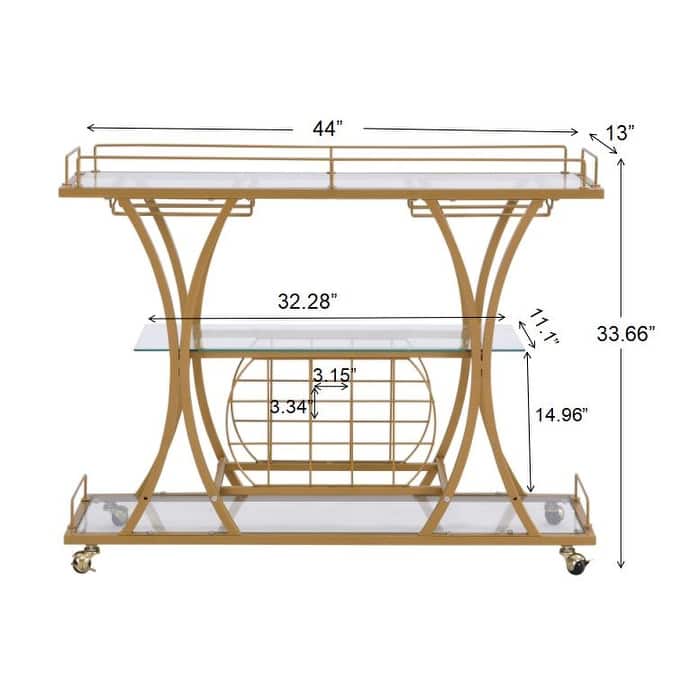 Golden Bar Cart with Wine Rack Tempered Glass Metal Frame Wine Storage