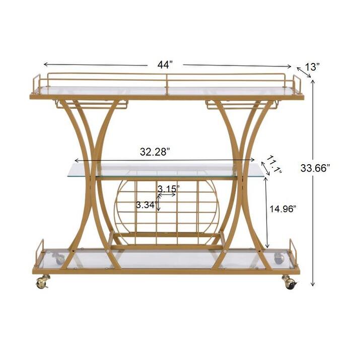 Serving Cart Glass Bar 3-Tier Metal Frame and Shelf