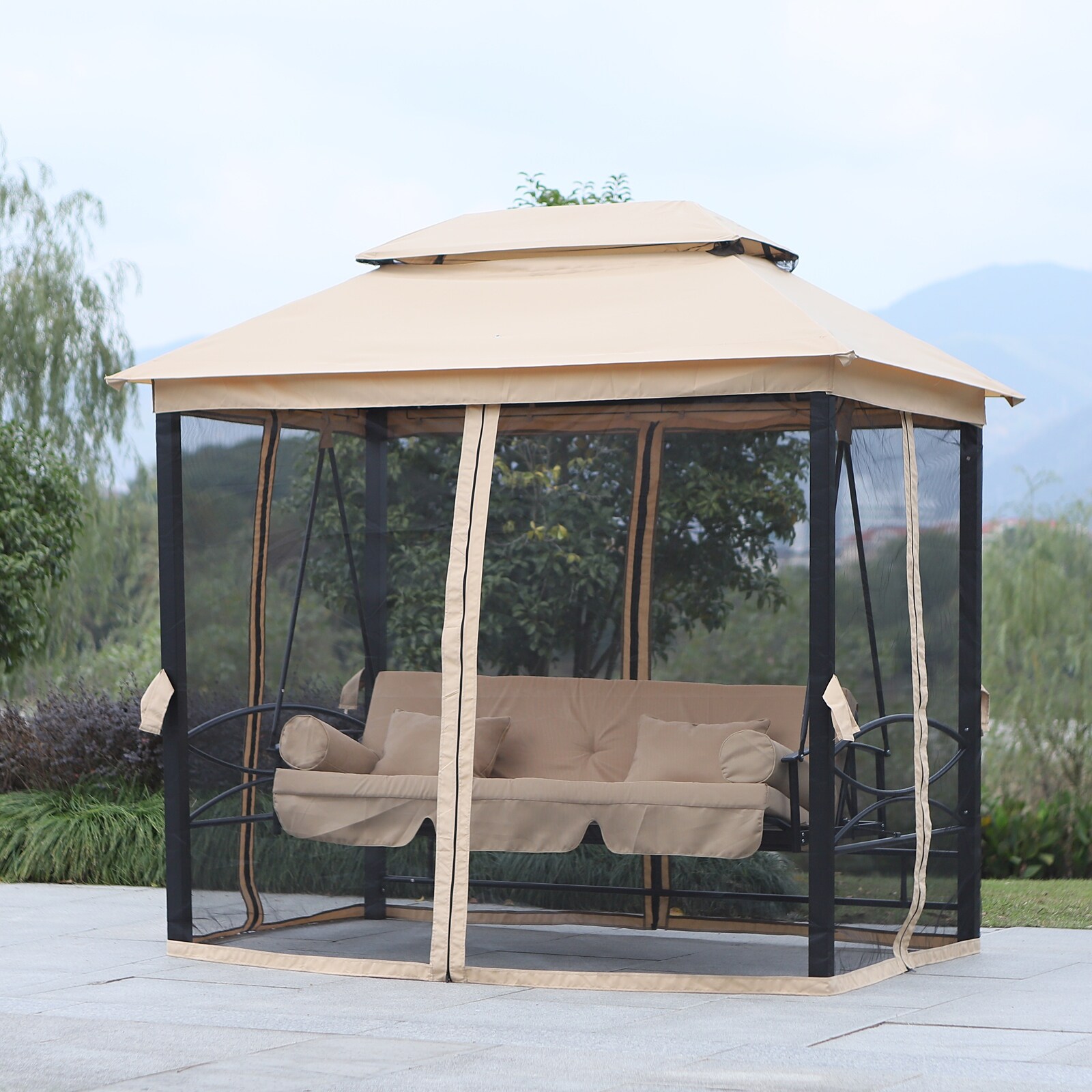 3 Seat Outdoor Gazebo Swing with Double Tier Canopy Mesh Sidewalls Beige