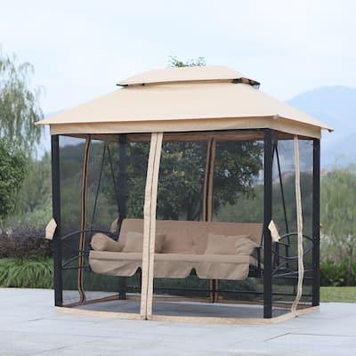 Outsunny Tiered Gazebo with 3-person Patio Bench and Mesh Sidewalls