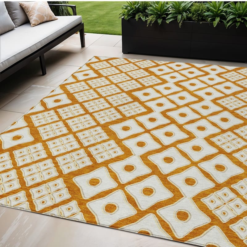 Orange And Ivory Geometric Washable Indoor Outdoor Area Rug - 5' X 8' - 5' X 8' - Orange/Ivory