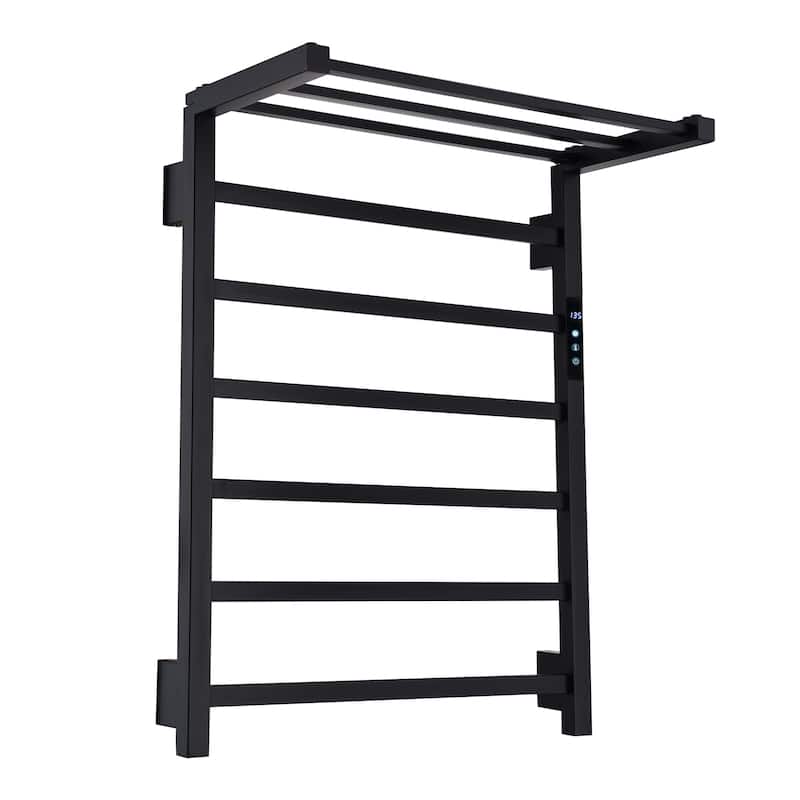 Heated Towel Rack 6-Bar Towel Warmer Rack Wall Mounted Electric Towel Drying Rack with Timer Plug-in/Hardwired - Black