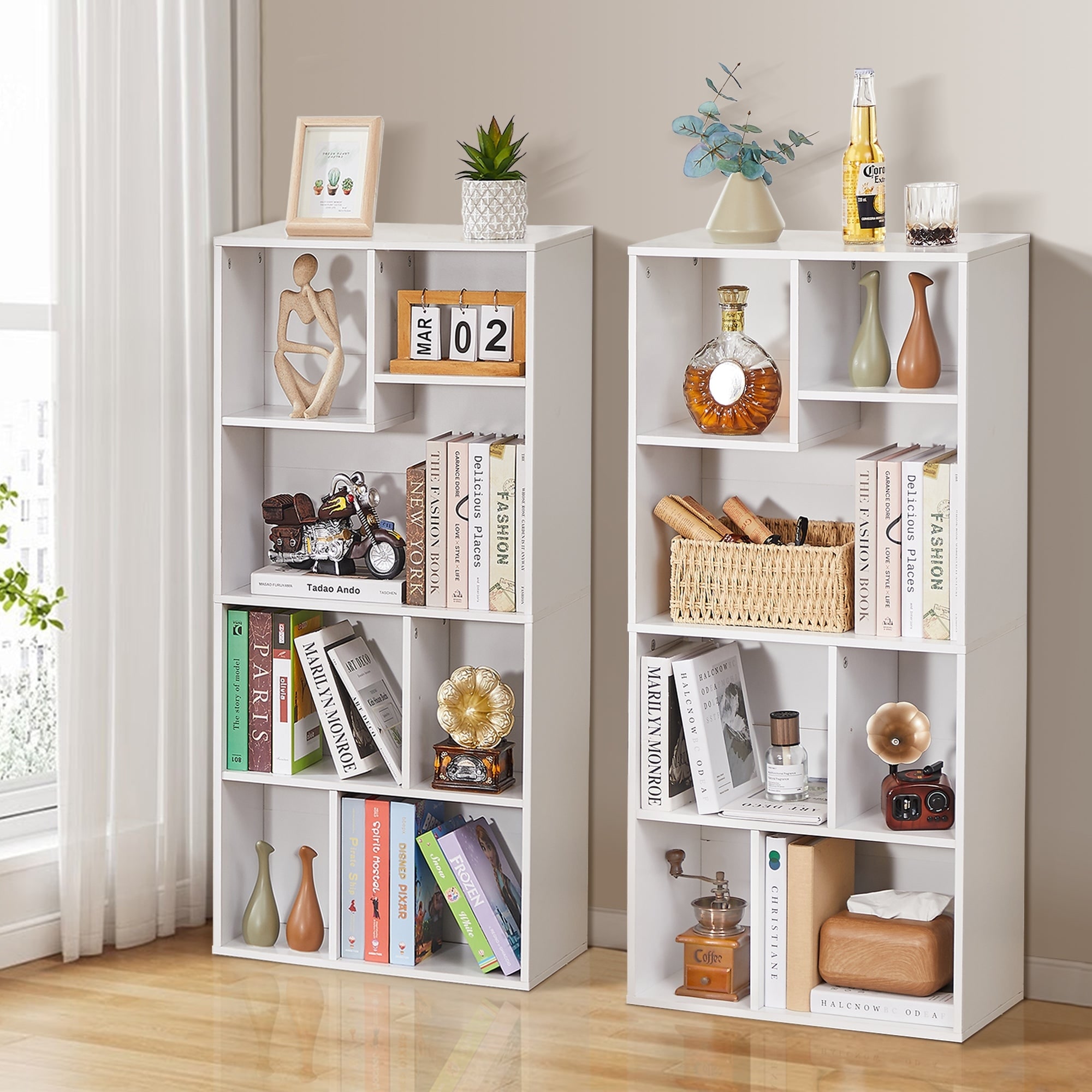 VECELO Bookcase Set of 2 Modern Irregular Shape Tall Bookshelf Vertical Horizontal Multi-Purpose Storage Bookcase