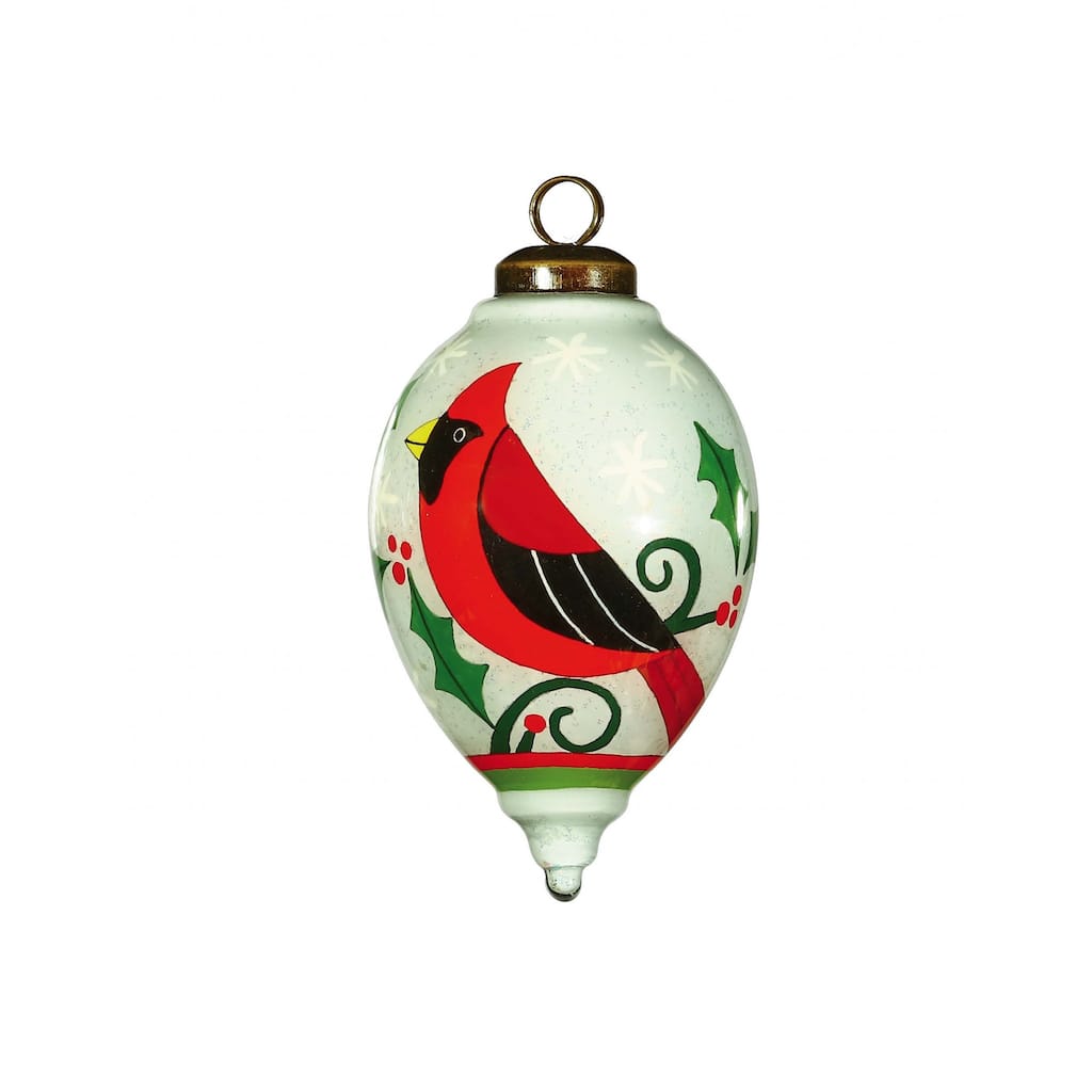 Festive Glitter Red Cardinal Hand Painted Mouth Blown Glass Ornament - 4" x 2.5" x 2.5"