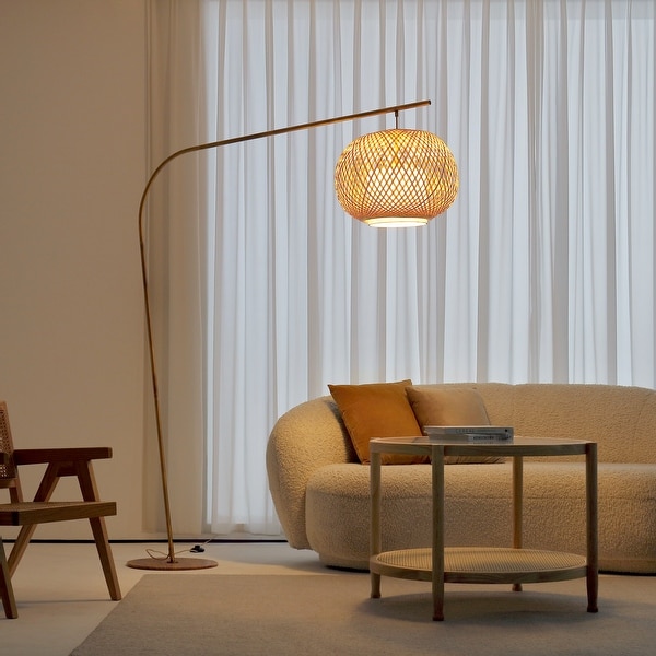 FOS Bohemian Chic Floor Lamp with Woven Bamboo Linen Shade Brushed Brass Stand 80 x 61.5 Brass Brown