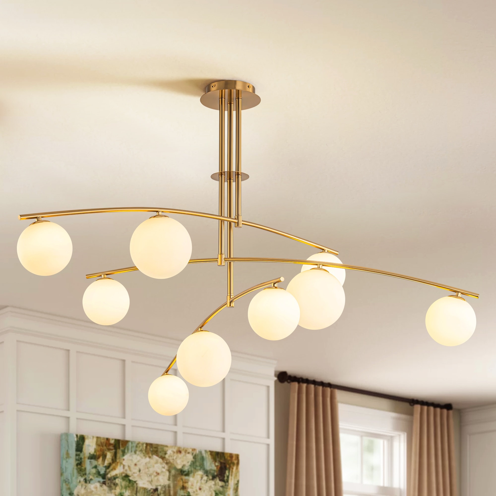 Rennnsan Modern Brass Sputnik Linear Opal Frosted Glass Globe Semi-Flush Mount Light