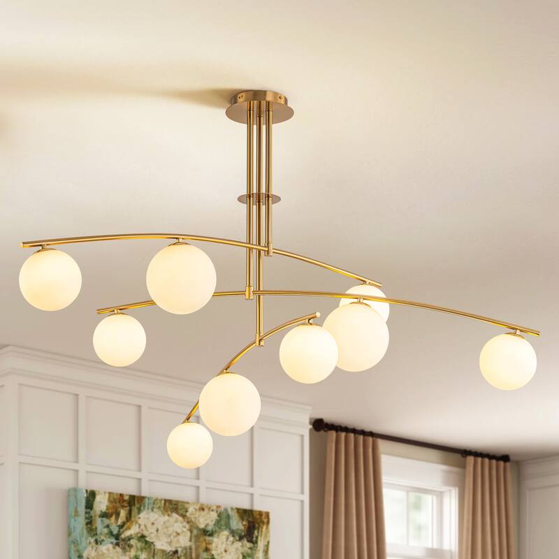Modern Brass Sputnik Linear Opal Frosted Glass Globe Semi-Flush Mount Light - 9-Light