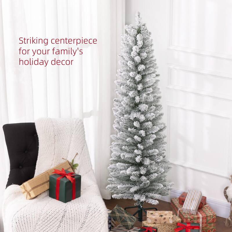 Pre-Lit Snow Flocked Artificial Christmas Tree with Hinged Sections & Metal Stand for Quick Setup, 5ft, 6ft, 8ft, 9ft