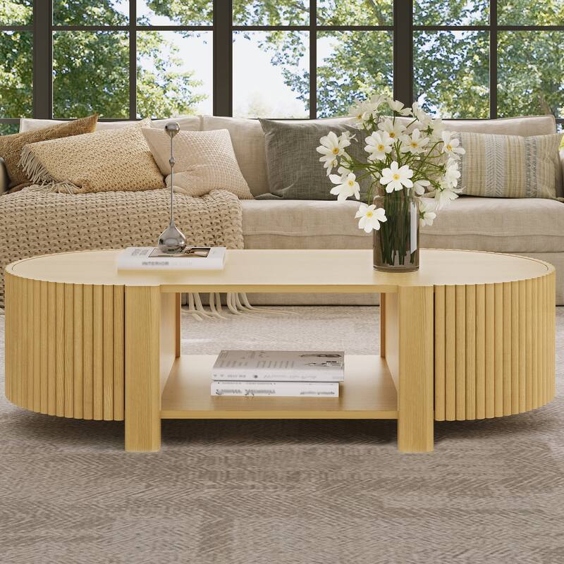 47" Oval Fluted Coffee Table with 2 Doors, Open Shelf & Wood Finish
