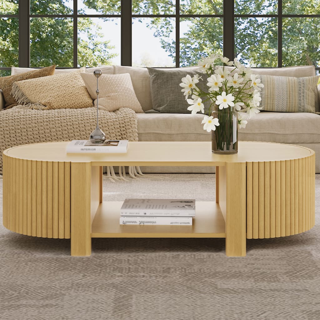 Oval Fluted Coffee Table Sofa Table with Storage for Living Room, Natural End Table Center Table with Open Shelf