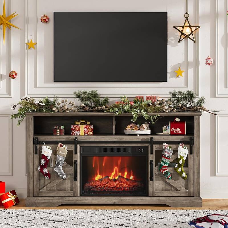 Farmhouse Electric Fireplace TV Stand Entertainment Center for Living Room, Grey - Grey