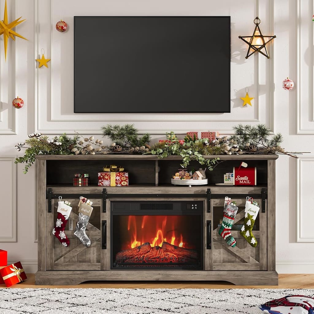 Farmhouse Electric Fireplace TV Stand Entertainment Center for Living Room, Grey