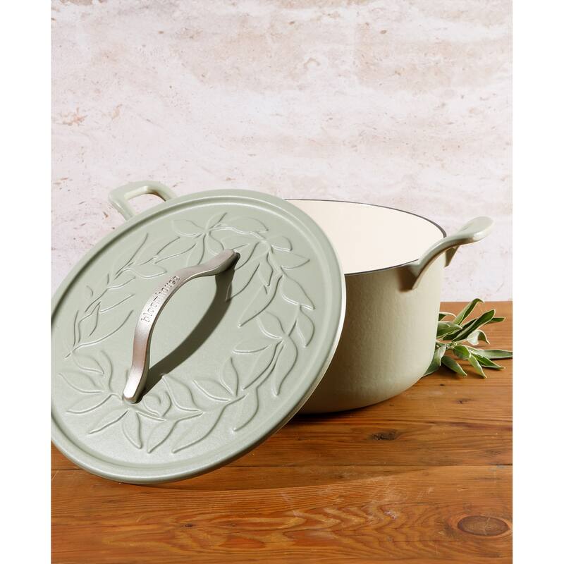 Bloomhouse 7 Qt Cast Iron Dutch Oven W/ Embossed Lid, European Matte Enamel, & Olive Wood Trivet