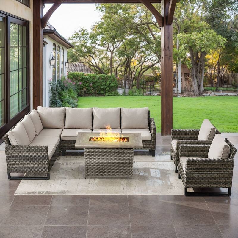 Gymojoy L-Shaped Outdoor Corner Sectional Sofa 6-seats Couch Conversation Set - 4 PCS - Fire Pit & Club Chairs - Grey Wicker / Beige Cusion