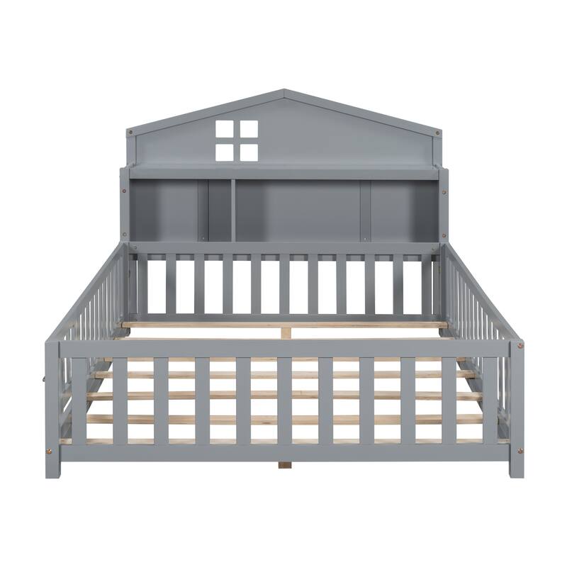 Full Size Plywood Montessori Floor Bed with Bookcases, Blackboards, Guard rails, Solid Wood Floor Beds and Storage Headboards