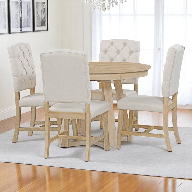 5-Piece Dining Table Set with 4 Upholstered Chairs, 16" Leaf Dining Table, Solid Wood & MDF, for Small Spaces and Dining Rooms