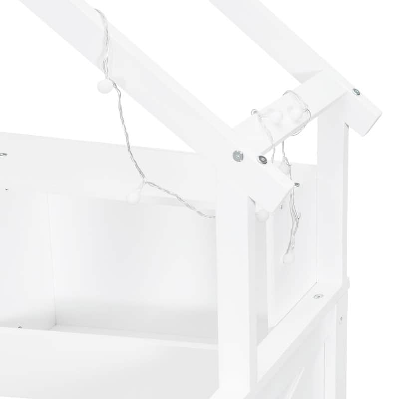 Modern Full Size House Bed Frame with LED Light and Guardrail, Wood Kids Storage Platform Bed with Shelves and Drawers