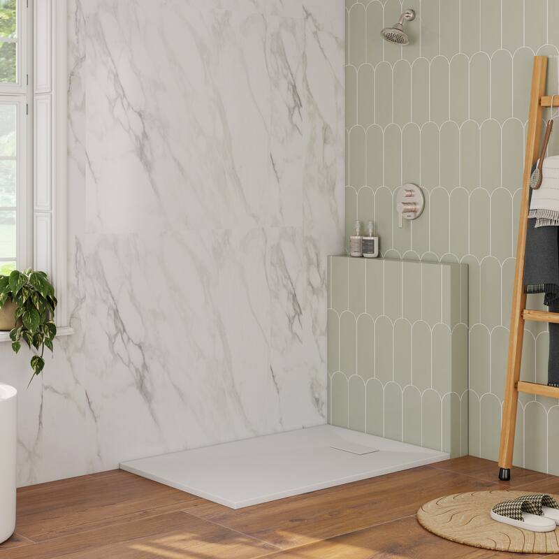 SMC Alcove Shower Pan Base with Left/Right Drain, Low Profile, Wheelchair Access, Slip-Resistant, cUPC Certified