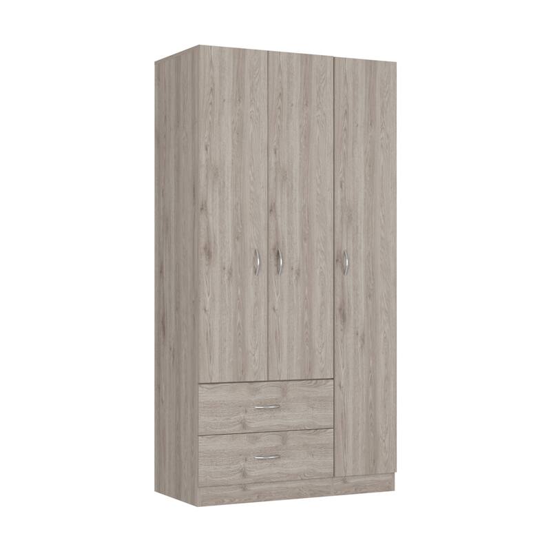35.4" Modern Three-door Armoire with Two Drawers, Shelves and Hanging Rod