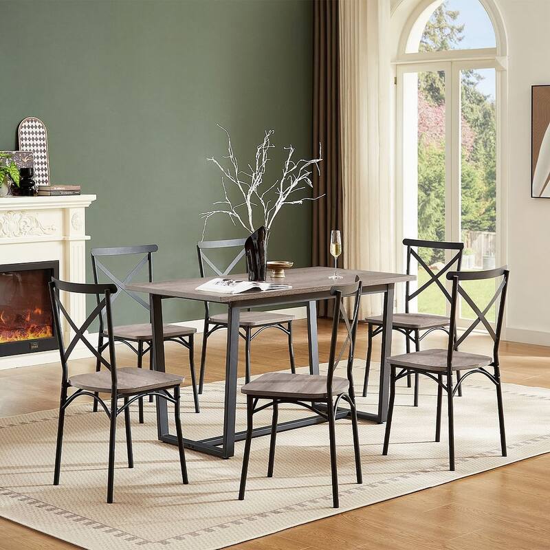 7 Piece Industrial Dining Table Set with 6 Chairs with Backrest for Kitchen