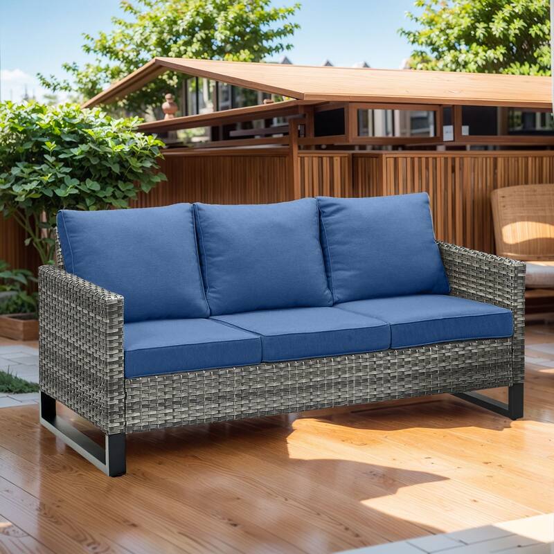 Outdoor 3-Seat Patio Wicker Sofa Grey - Blue - Grey - Blue