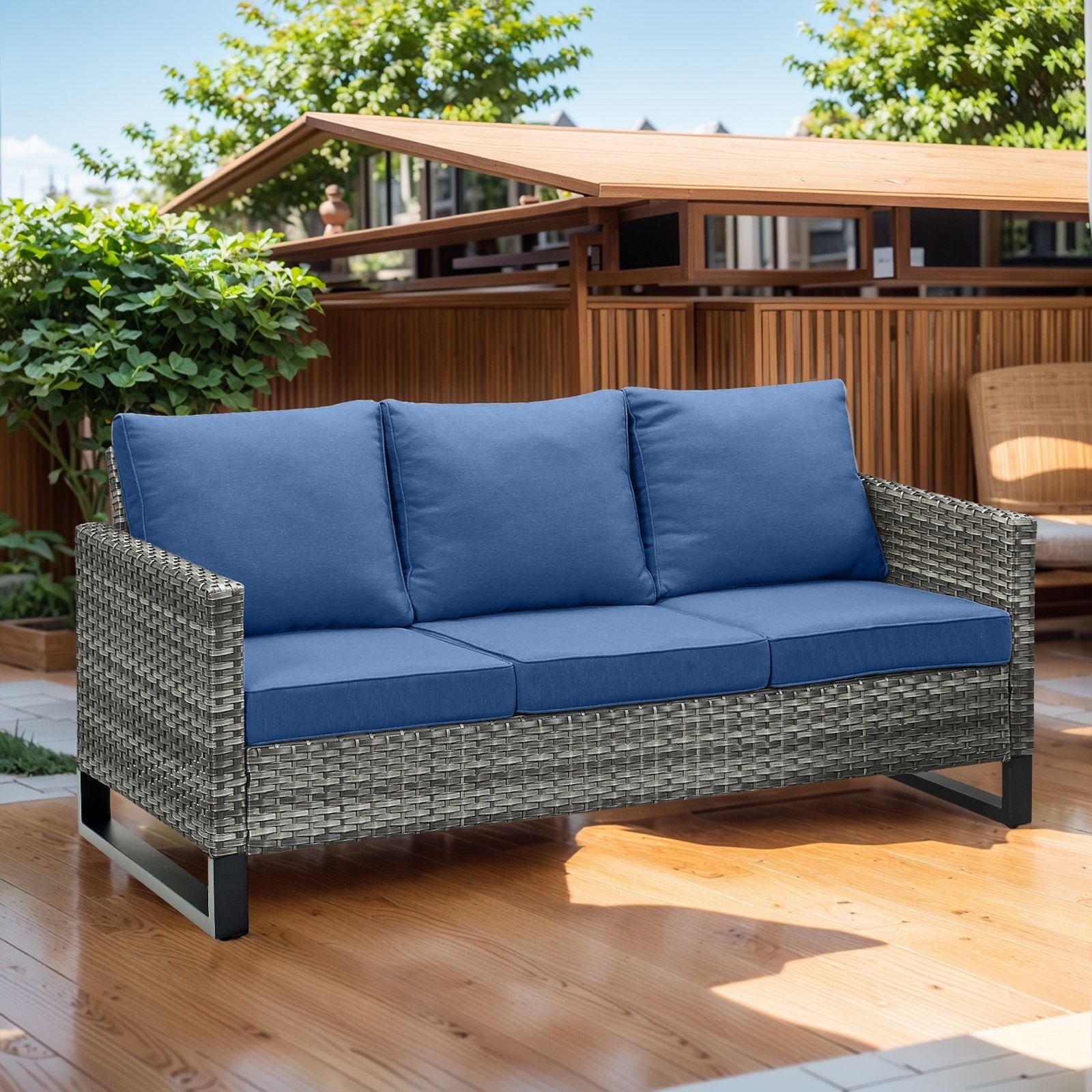 Outdoor 3-Seat Patio Wicker Sofa Grey - Blue