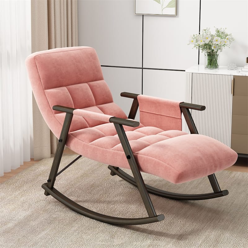 Casual Folding Rocking Chair Upholstered, Adjustable High Back - Pink Velvet