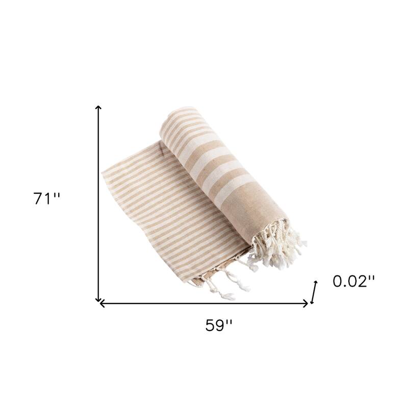 HomeRoots 59" X 71" Beige and Ivory Cotton Striped Turkish Towel Throw Blanket with Tassels