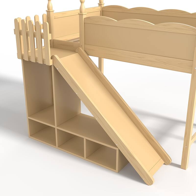 Twin Loft Bed with Storage Shelves and Wardrobe, Solid Wood Loft Beds with Detachable Slide and Ladders, No Spring Box Needed