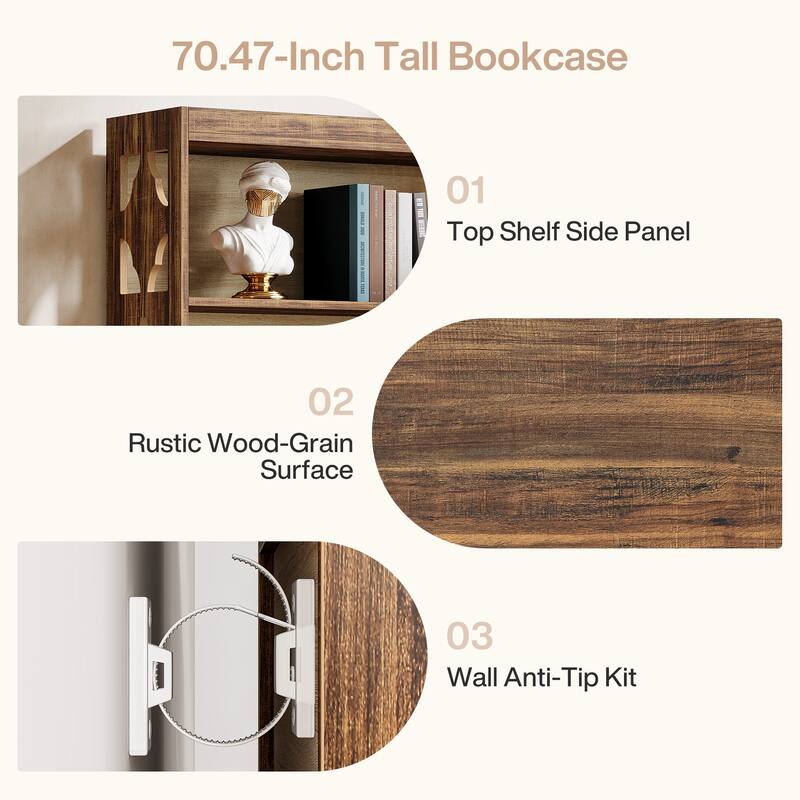 6 Tier Bookshelf and Bookcase, 70 Inch Wooden Display Shelving Unit for Living Room /Bedroom - 11.81"D x 31.5"W x 70.47"H