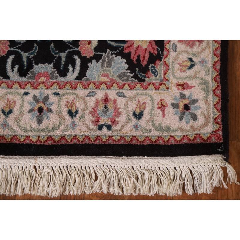 Hand Knotted Oriental 100% Wool Carpet Traditional Floral Black Kashan Runner Rug - 7' 8'' X 2' 6''